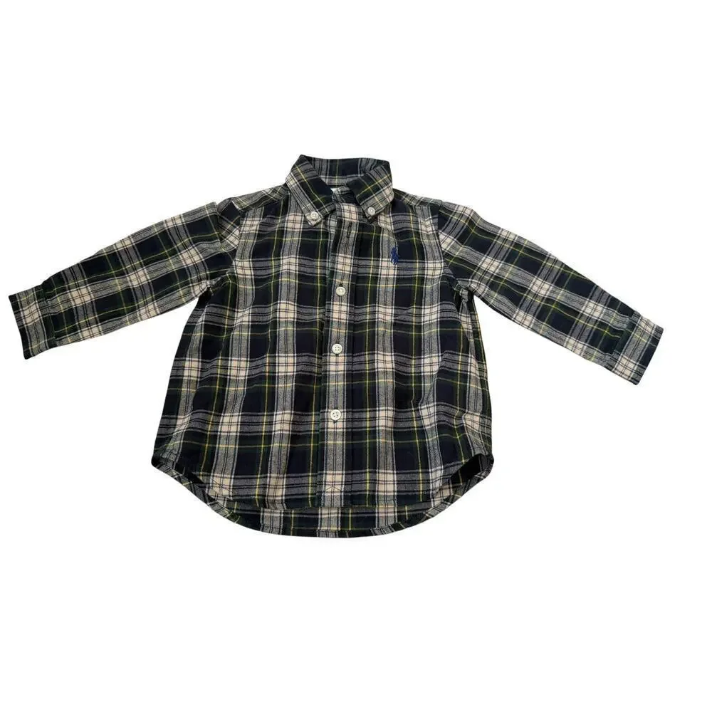 Ralph Lauren Baby Blue & Green  Cotton Plaid Brushed Oxford Shirt Size 9M